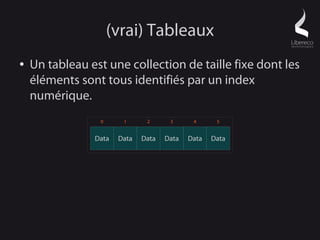 (vrai) Tableaux
●   Un tableau est une collection de taille fixe dont les
    éléments sont tous identifiés par un index
    numérique.
                 0      1      2      3      4      5


                Data   Data   Data   Data   Data   Data
 