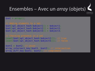 Ensembles – Avec un array (objets)
$set = array();

// Adding elements to a set
$set[spl_object_hash($object1)] = $object1;
$set[spl_object_hash($object2)] = $object2;
$set[spl_object_hash($object3)] = $object3;

// Checking presence in a set
isset($set[spl_object_hash($object2)]); // true
isset($set[spl_object_hash($object5)]); // false

$set1 + $set2; // union
array_intersect_key($set1, $set2); // intersection
array_diff_key($set1, $set2); // complement
 