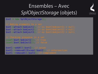 Ensembles – Avec
           SplObjectStorage (objets)
$set = new SplObjectStorage();

// Adding elements to a   set
$set->attach($object1);   // ou $set[$object1] = null;
$set->attach($object2);   // ou $set[$object2] = null;
$set->attach($object3);   // ou $set[$object3] = null;

// Checking presence in a set
isset($set[$object2]); // true
isset($set[$object2]); // false

$set1->addAll($set2); // union
$set1->removeAllExcept($set2); // intersection
$set1->removeAll($set2); // complement
 