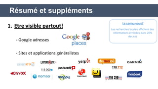 1.Etre visible partout! 
- Google adresses 
- Sites et applications généralistes 
Résumé et suppléments 
Le saviez-vous? 
Les recherches locales affichent des informations erronées dans 20% des cas  
