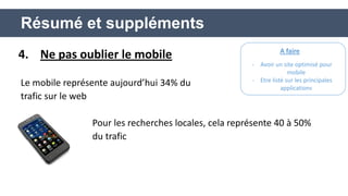 4. Ne pas oublier le mobile 
Le mobile représente aujourd’hui 34% du 
trafic sur le web 
Pour les recherches locales, cela représente 40 à 50% 
du trafic 
Résumé et suppléments 
A faire 
-Avoir un site optimisé pour mobile 
-Etre listé sur les principales applications  