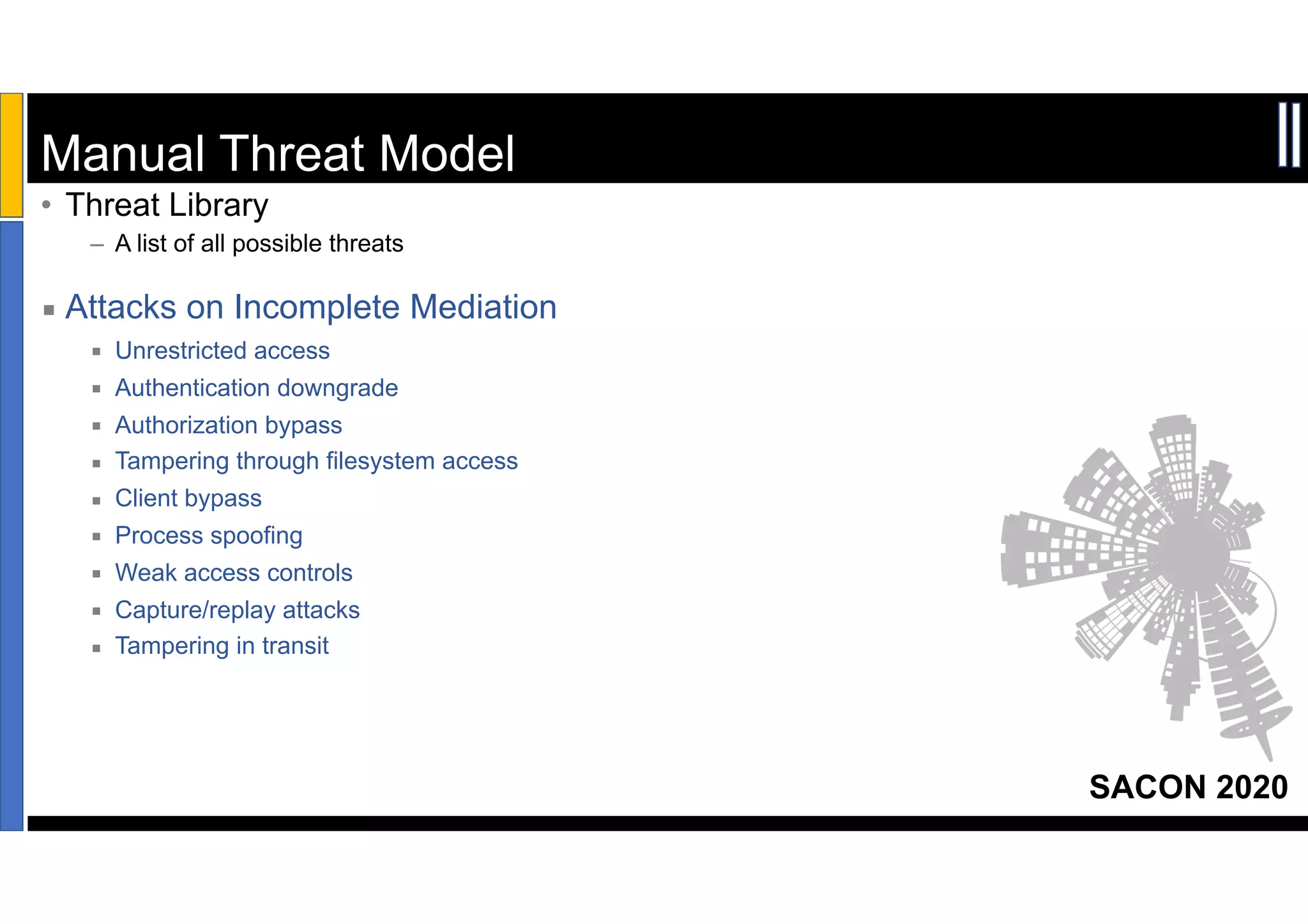 SACON 2020
Manual Threat Model
▪ Attacks on Incomplete Mediation
▪ Unrestricted access
▪ Authentication downgrade
▪ Authorization bypass
▪ Tampering through filesystem access
▪ Client bypass
▪ Process spoofing
▪ Weak access controls
▪ Capture/replay attacks
▪ Tampering in transit
• Threat Library
– A list of all possible threats
 