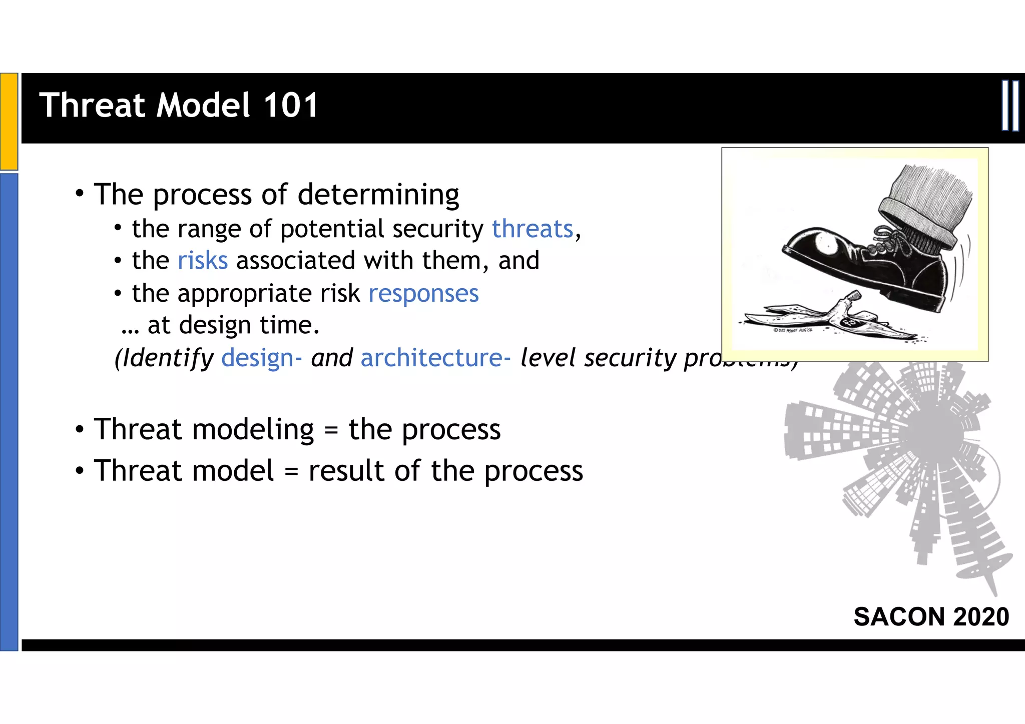 SACON 2020
• The process of determining
• the range of potential security threats,
• the risks associated with them, and
• the appropriate risk responses
… at design time.
(Identify design- and architecture- level security problems)
• Threat modeling = the process
• Threat model = result of the process
Threat Model 101
 