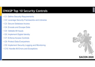SACON 2020
OWASP Top 10 Security Controls
• C1: Define Security Requirements
• C2: Leverage Security Frameworks and Libraries
• C3: Secure Database Access
• C4: Encode and Escape Data
• C5: Validate All Inputs
• C6: Implement Digital Identity
• C7: Enforce Access Controls
• C8: Protect Data Everywhere
• C9: Implement Security Logging and Monitoring
• C10: Handle All Errors and Exceptions
 