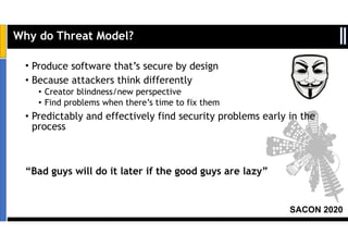 SACON 2020
• Produce software that’s secure by design
• Because attackers think differently
• Creator blindness/new perspective
• Find problems when there’s time to fix them
• Predictably and effectively find security problems early in the
process
Why do Threat Model?
“Bad guys will do it later if the good guys are lazy”
 