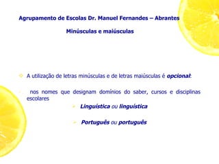 Agrupamento de Escolas Dr. Manuel Fernandes – Abrantes  Minúsculas e maiúsculas A utilização de letras minúsculas e de letras maiúsculas é  opcional : nos nomes que designam domínios do saber, cursos e disciplinas escolares Linguística  ou  linguística Português  ou  português 