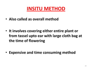 INSITU METHOD
• Also called as overall method
• It involves covering either entire plant or
from tassel upto ear with large cloth bag at
the time of flowering
• Expensive and time consuming method
22
 