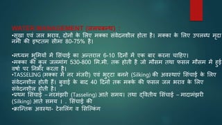WATER MANAGEMENT (जलप्रबन्ि) :
•सूखा एवं जल भराव, दोनों क
े भलए मक्का संवेदनशील होता है। मक्का क
े भलए उपलब्ध मृदा
नमी की इष्टतम सीमा 80-75% है।
•मध्यम भूभमयों में भसंचाई का अन्तराल 6-10 टदनों में एक बार करना चाटहए।
•मक्का की क
ु ल जलमांग 530-800 भम.मी. तक होती है जो मौसम तथा फसल मौसम में हुई
वषाि पर ननभिर करता है।
•TASSELING (मक्का में नर मंजरी) एवं भुट्टा बनने (Silking) की अवस्थाएं भसंचाई क
े भलए
संवेदनशील होती हैं। बुवाई क
े बाद 40 टदनों तक मक्क
े की फसल जल भराव क
े भलए
संवेदनशील होती है।
•प्रथम भसंचाई – नरमंझरी (Tasseling) आते समय। तथा द्ववतीय भसंचाई – मादामंझरी
(Silking) आते समय । . भसंचाई की
•क्राजन्तक अवस्था- टेसभलंग व भसजल्क
ं ग
 