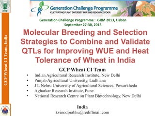 GCP Wheat CI Team
• Indian Agricultural Research Institute, New Delhi
• Punjab Agricultural University, Ludhiana
• J L Nehru University of Agricultural Sciences, Powarkheda
• Agharkar Research Institute, Pune
• National Research Centre on Plant Biotechnology, New Delhi
India
kvinodprabhu@rediffmail.com
Molecular Breeding and Selection
Strategies to Combine and Validate
QTLs for Improving WUE and Heat
Tolerance of Wheat in India
GCPWheatCITeam,India
Generation Challenge Programme : GRM 2013, Lisbon
September 27-30, 2013
 