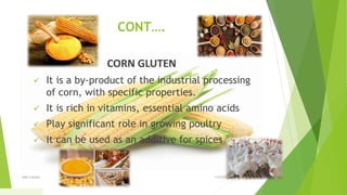CONT….
CORN GLUTEN
 It is a by-product of the industrial processing
of corn, with specific properties.
 It is rich in vitamins, essential amino acids
 Play significant role in growing poultry
 It can be used as an additive for spices
1/5/2020Add a footer 37
 