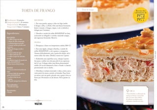 58
Torta de frango
Corteaqui
TORTA DE FRANGO
RECHEIO
1. Em uma panela, aqueça o óleo em fogo médio.
Coloque o alho, a cebola e frite até dourar levemente.
Junte o tomate, o frango, a água, o sal, a salsinha e
refogue por 2 minutos.
2. Dissolva o amido de milho MAIZENA® no leite,
acrescente ao refogado e cozinhe, mexendo sempre,
até engrossar levemente. Reserve.
MASSA
1. Preaqueça o forno em temperatura média (180º C).
2. Em uma tigela, coloque a farinha, o amido de
milho MAIZENA®, o sal, a gema e a margarina.
Amasse delicadamente com a ponta dos dedos, até a
massa soltar das mãos. Divida a massa em 3 partes.
3. Enfarinhe uma superfície seca, coloque 2 partes
da massa e utilize um rolo para abri-la na espessura
de 0,5 cm. Coloque sobre uma fôrma desmontável
média (24 cm de diâmetro) e forre o fundo e a lateral,
pressionando com os dedos.
4. Distribua o recheio reservado e cubra a torta com a
outra parte da massa, unindo as beiradas. Faça furos
na massa com um garfo, pincele com a gema e leve ao
forno por 30 minutos ou até dourar. Sirva quente ou
fria.
Rendimento: 12 porções
Tempo de preparo: 25 minutos
Tempo de forno: 40 minutos
Tempo total: 1 hora e 5 minutos
Ingredientes
RECHEIO
• 1 colher (sopa) de óleo
• 1 dente de alho amassado
• 1 cebola pequena picada
• 1 tomate médio picado sem
sementes
• 500 g de frango cozido e
desfiado
• 1 xícara (chá) de água
• 1 colher (chá) de sal
• 1 colher (sopa) de salsinha
picada
• 3 colheres (sopa) de amido de
milho MAIZENA®
• Meia xícara (chá) de leite
MASSA
• 2 xícaras (chá) de farinha de
trigo
• 1 xícara (chá) de amido de
milho MAIZENA®
• 1 colher (chá) de sal
• 1 gema
• 300 g de margarina culinária
Para enfarinhar:
• Farinha de trigo
Para pincelar:
• Gema
Receita dos
calendários de
1972
1977
&
Dica
• Para facilitar a colocação da
massa na fôrma, você pode
abri-la entre duas folhas
de plástico próprias para
alimento, usando um rolo.
59
 