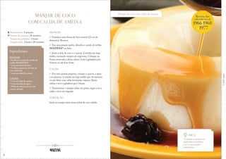 4
Manjar de coco com calda de ameixa
Corteaqui
MANJAR DE COCO
COM CALDA DE AMEIXA
MANJAR
1. Umedeça uma fôrma de furo central (22 cm de
diâmetro). Reserve.
2. Em uma panela média, dissolva o amido de milho
MAIZENA® no leite.
3. Junte o leite de coco e o açúcar. Cozinhe em fogo
médio, mexendo sempre até engrossar. Coloque na
forma reservada e deixe esfriar. Leve à geladeira por
4 horas ou até ficar firme
CALDA
1. Em uma panela pequena, coloque o açúcar, a água
e as ameixas. Cozinhe em fogo médio por 10 minutos
ou até obter uma calda levemente espessa. Deixe
esfriar e leve à geladeira por 3 horas.
2. Desenforme o manjar sobre um prato, regue com a
calda e sirva em seguida.
VARIAÇÃO
Junte ao manjar meia xícara (chá) de coco ralado.
Rendimento: 8 porções
Tempo de preparo: 20 minutos
Tempo de geladeira: 3 horas
Tempo total: 3 horas e 20 minutos
Ingredientes
MANJAR
• 8 colheres (sopa) de amido de
milho MAIZENA®
• 2 xícaras (chá) de leite
• 2 vidros pequenos de leite de
coco (400 ml)
• 1 xícara (chá) de açúcar
CALDA
• 1 xícara (chá) de açúcar
• 1 xícara (chá) de água
• 200 g de ameixa preta, sem
caroço, picada
Dica
• Coloque o manjar em
tigelinhas refratárias
e sirva em porções
individuais.
Receita dos
calendários de
1966,1968
&1977
5
 