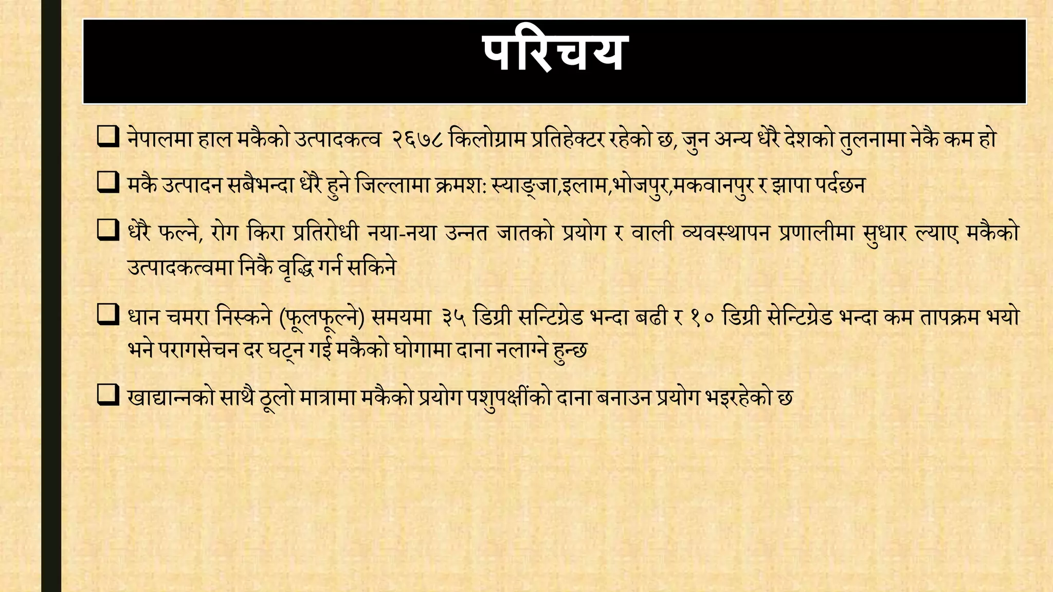  नेपालमा हाल मकै को उत्पादकत्ि २६७८ वकलोग्राम प्रवतहेक्टर रहेको छ, जुन अन्य िेरै देशको तुलनामा नेकै कम हो
 मकै उत्पादन सबैभन्दा िेरै हुने वजल्लामा क्रमश: स्याङ्जा,इलाम,भोजपुर,मकिानपुर र झापापदिछन
 िेरै फल्ने, रोग वकरा प्रवतरोिी नया-नया उन्नत जातको प्रयोग र िाली व्यिस्थापन प्रर्ालीमा सुिार ल्याए मकै को
उत्पादकत्िमा वनकै िृवि गनि सवकने
 िान िमरा वनस्कने (फूलफूल्ने) समयमा ३५ वडग्री सवन्टग्रेड भन्दा बढी र १० वडग्री सेवन्टग्रेड भन्दा कम तापक्रम भयो
भने परागसेिनदर घट्न गईमकै को घोगामादाना नलाग्ने हुन्छ
 खाद्यान्नको साथै ठूलो मात्रामा मकै को प्रयोग पशुपक्षींको दाना बनाउन प्रयोगभइरहेको छ
परिचय
 