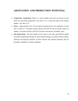10 
ADAPTATION AND PRODUCTION POTENTIAL 
 Temperature requirement -Maize is a warm weather crop and is not grown in areas 
where the mean daily temperature is less than 19 ºC or where the mean of the summer 
months is less than 23 ºC. 
 Wate r - Approximately 10 to 16 kg of grain are produced for every millimetre of water 
used. A yield of 3 152 kg/ha requires between 350 and 450 mm of rain per annum. At 
maturity, each plant will have used 250 l of water in the absence of moisture stress. 
 Soil requirements - The most suitable soil for maize is one with a good effect ive depth, 
favourable morphological properties, good internal drainage, an optimal moisture regime, 
sufficient and balanced quantities of plant nutrients and chemical properties that are 
favourable specifically for maize production. 
 