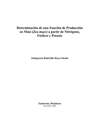 Determinación de una Función de Producción
en Maíz (Zea mays) a partir de Nitrógeno,
Fósforo y Potasio
Johngesson Roderilde Reyes Ocaña
Zamorano, Honduras
Diciembre, 2008
 
