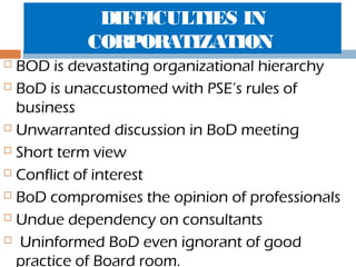DIFFICULTIES IN
CORPORATIZATION
BOD is devastating organizational hierarchy
 BoD is unaccustomed with PSE’s rules of
business
 Unwarranted discussion in BoD meeting
 Short term view
 Conflict of interest
 BoD compromises the opinion of professionals
 Undue dependency on consultants
 Uninformed BoD even ignorant of good
practice of Board room.


 
