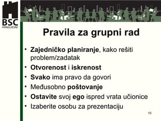 Pravila za grupni rad Zajedni čko planiranje , kako rešiti problem/zadatak Otvorenost  i  iskrenost Svako  ima pravo da govori Međusobno  poštovanje Ostavite  svoj  ego  ispred vrata učionice Izaberite  o sobu za prezentaciju 