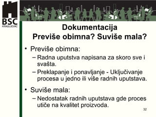 Do k umenta cija Previše obimna ?  Suviše mala ? Previše obimna : Radna uputstva napisana za skoro sve i svašta . Preklapanje i ponavljanje  -  Uključivanje procesa u jedno ili više radnih uputstava . Suviše mala : Nedostatak radnih uputstava   gde proces utiče na kvalitet proizvoda . 