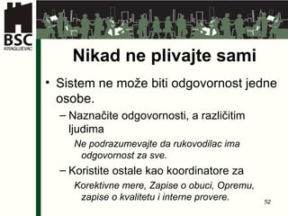 Nikad ne plivajte sami Sistem ne može biti odgovornost jedne osobe . Naznačite odgovornosti , a  različitim ljudima Ne podrazumevajte da rukovodilac ima odgovornost za sve.   Koristite ostale kao koordinatore za   Korektivne mere ,  Zapise o obuci ,  Opremu ,  zapise o kvalitetu i interne provere. 