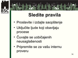 Sledite pravila Proslavite i izdajte saopštenje Uključite ljude koji obavljaju procese Čuvajte se uobičajenih neusaglašenosti Pripremite se za vašu internu proveru 