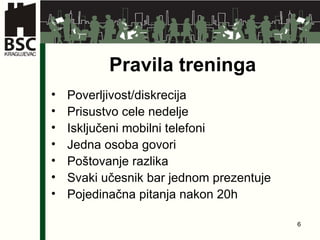 Pravila treninga Poverljivost/diskrecija Prisustvo cele nedelje Isključeni mobilni telefoni Jedna osoba govori Poštovanje razlika Svaki učesnik bar jednom prezentuje Pojedinačna pitanja nakon  20 h 