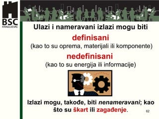 Izlazi mogu, takođe, biti  nenameravani ; kao što su   škart   ili   zagađenje . Ulazi i nameravani izlazi mogu biti definisani   (kao to su oprema, materijali ili komponente) nedefinisani   (kao to su energija ili informacije) 