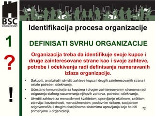 Identifikacija procesa organizacije DEFINISATI SVRHU ORGANIZACIJE 1 Organizacija treba da identifikuje svoje kupce i druge zainteresovane strane kao i svoje zahteve, potrebe i očekivanja radi definisanja nameravanih izlaza organizacije .   ? ! Sakupiti, analizirati i utvrditi zahteve kupca i drugih zainteresovanih strana i ostale potrebe i očekivanja.  Učestano komunicirajte sa kupcima i drugim zainteresovanim stranama radi osiguranja stalnog razumevanja njihovih zahteva, potreba i očekivanja. Utvrditi zahteve za menadžment kvalitetom, upravljanje okolinom, zaštitom zdravlja i bezbednosti, menadžmentom, poslovnim rizikom, socijalnom odgovornošću i drugim disciplinama sistemima upravljanja koje će biti primenjene u organizaciji.  