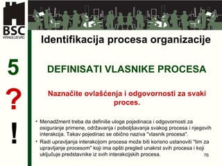DEFINISATI VLASNIKE PROCESA 5 Naznačite ovlašćenja i odgovornosti za svaki proces . ? ! Menadžment treba da definiše uloge pojedinaca i odgovornosti za osiguranje primene, održavanja i poboljšavanja svakog procesa i njegovih interakcija. Takav pojedinac se obično naziva ''vlasnik procesa''.  Radi upravljanja interakcijom procesa može biti korisno ustanoviti ''tim za upravljanje procesom'' koji ima opšti pregled unakrst svih procesa i koji uključuje predstavnike iz svih interakcijskih procesa. Identifikacija procesa organizacije 