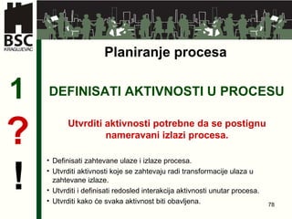 DEFINISATI AKTIVNOSTI U PROCESU 1 Utvrditi aktivnosti potrebne da se postignu nameravani izlazi procesa . ? ! Definisati zahtevane ulaze i izlaze procesa . Utvrditi aktivnosti koje se zahtevaju radi transformacije ulaza u zahtevane izlaze. Utvrditi i definisati redosled interakcija aktivnosti unutar procesa. Utvrditi kako će svaka aktivnost biti obavljena. Planiranje procesa 