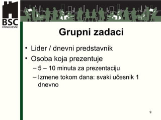 Grup ni   zadaci Lider /  dnevni predstavnik Osoba koja prezentuje 5  – 10  minut a za  pre zentaciju Izmene tokom dana: svaki učesnik 1 dnevno 