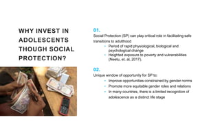 WHY INVEST IN
ADOLESCENTS
THOUGH SOCIAL
PROTECTION?
01.
Social Protection (SP) can play critical role in facilitating safe...