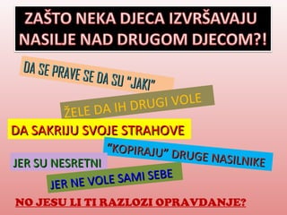 DA SE PRAVE SE DA SU “JAKI” ŽELE DA IH DRUGI VOLE DA SAKRIJU SVOJE STRAHOVE “ KOPIRAJU” DRUGE NASILNIKE JER SU NESRETNI JER NE VOLE SAMI SEBE NO JESU LI TI RAZLOZI OPRAVDANJE? 