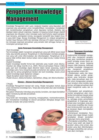 Knowledge Managament
Pengertian Knowledge
Management
Knowledge Management ialah suatu rangkaian kegiatan yang digunakan oleh
organisasi atau perusahaan untuk mengidentifikasi, menciptakan, menjelaskan
dan mendistribusikan pengetahuan untuk digunakan kembali, diketahui dan
dipelajari dalam sebuah organsisai. Kegiatan ini biasanya terkait dengan objektif
organisassi dan ditujukan untuk mencapai suatu hasil tertentu seperti pengeta-
huan bersama, peningkatan kinerja, keunggulan kompetitif atau tingkat inova-
si yang lebih tinggi. Konsep Knowledge Management ini meliputi pengelolaan
Sumber Daya Mansuia (SDM) dan teknologi informasi (IT) dalam tujuannya un-
tuk mencapai organisasi perusahaan yang semakin baik sehingga mampu me-
menangkan persaingan bisnis
Jenis Penerapan Knowledge Management
•Tacit Knowledge
Tacit knowledge adalah manajemen pengetahuan yang sulit dilihat secara kasat
mata, atau bersifat personal. Pengetahuan ini dikembangkan memlalui pengala-
man yang sulit untuk diformulasikan dan dikembangkan. Pengetahuan ini bi-
asanya tidak terlihat dalam bentuk tulisan namun dapat terukur melalui kinerja
seseorang.
•Explicit Knowledge
Explicit knowledge bersifat formal dan sistematis yang mudah untuk dikomu-
nikasikan dan dibagi (Carrillo et al., 2004). Menurut pernyataan Polanyi (1966)
pada saat tacit knowledge dapat dikontrol dalam benak seseorang, explicit
knowledge justru harus bergantung pada pemahaman dan aplikasi secara tacit,
maka dari itu semua pengetahuan berakar dari tacit knowledge. Secara umum
explicit knowledge dapat dijabarkan sebagai :
-Dapat diucapkan secara tepat dan resmi.
-Mudah disusun, didokumentasikan, dipindahkan, dibagi, dan dikomunikasikan.
Elemen – Elemen Knowledge Management
People
Knowledge Management berasal dari orang. People merupakan bentuk dasar
untuk membentuk knowledge baru. Tanpa ada orang tidak akan ada knowledge.
Technology
Merupakan infrastruktur teknologi yang standar, konsisten, dan dapat diandalkan
dalam mendukung alat-alat perusahaan.
Processes
Yang terdiri dari menangkap, menyaring, mengesyahkan, mentransformasikan,
dan menyebarkan knowledge ke seluruh perusahaan dilengkapi dengan men-
jalankan prosedur dan proses tertentu.
Tujuan Penerapan Knowledge
Management
Implementasi knowledge manage-
ment atau manajemen pengeta-
huan akan memberikan pengaruh
positif terhadap proses bisnis pe-
rusahaan baik secara langsung
maupun tidak langsung, beberapa
manfaat knowledge management
atau manajemen pengetahuan
bagi perusahaan antara lain:
1.Penghematan waktu dan biaya.
Dengan adanya sumber penge-
tahuan yang terstruktur dengan
baik, maka perusahaan akan mu-
dah untuk menggunakan pengeta-
huan tersebut untuk konteks yang
lainnya, sehingga perusahaan akan
dapat menghemat waktu dan bi-
aya.
2.Peningkatan aset pengetahuan.
Sumber pengetahuan akan mem-
berikan kemudahaan kepada setiap
karyawan untuk memanfaatkann-
ya, sehingga proses pemanfaatan
pengetahuan di lingkungan peru-
sahaan akan meningkat, yang akh-
irnya proses kreatifitas dan inovasi
akan terdorong lebih luas dan seti-
ap karyawan dapat meningkatkan
kompetensinya.
3.Kemampuan beradaptasi. Peru-
sahaan akan dapat dengan mudah
beradaptasi dengan perubahan
lingkungan bisnis yang terjadi.
4.Peningkatan produktfitas. Penge-
tahuan yang sudah ada dapat di-
gunakan ulang untuk proses atau
produk yang akan dikembangkan,
sehingga produktifitas dari perusa-
haan akan meningkat.Sumber : Dimas Setyo Aji
Mahasiswa Ilmu Perpustakaan
Sumber :Annisa Ardianti
Mahasiswa Ilmu Perpustakaan
Sumber : Elsa Febrianti
Mahasiswa Ilmu Perpustakaan
23 Penerbitan Grafis & Elektronik 26 Februari 2018 Edisi - 1
 