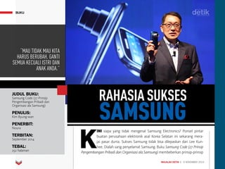 MAJALAH DETIK 3 - 9 NOVEMBER 2014
BUKU
K
INI siapa yang tidak mengenal Samsung Electronics? Ponsel pintar
buat­an perusahaan elektronik asal Korea Selatan ini sekarang mera-
jai pasar dunia. Sukses Samsung tidak bisa dilepaskan dari Lee Kun-
hee. Dialah sang penyelamat Samsung. Buku Samsung Code (27 Prinsip
Pengembang­an Pribadi dan Organisasi ala Samsung) membeberkan prinsip-prinsip
“MAU TIDAK MAU KITA
HARUS BERUBAH. GANTI
SEMUA KECUALI ISTRI DAN
ANAK ANDA.”
BUKU
JUDUL BUKU:
Samsung Code (27 Prinsip
Pengembangan Pribadi dan
Organisasi ala Samsung)
PENULIS:
Kim Byung-wan
PENERBIT:
Noura
TERBITAN:
September 2014
TEBAL:
252 halaman
RAHASIA SUKSES
SAMSUNG
 