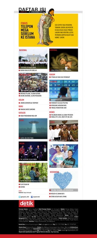 DAFTAR ISI
Pemimpin Redaksi: Arifin Asydhad. Wakil Pemimpin Redaksi: Iin Yumiyanti. Redaksi: Dimas Adityo, Irwan
Nugroho, Nur Khoiri, Sapto Pradityo, Sudrajat, Oktamandjaya Wiguna, Arif Arianto, Aryo
Bhawono, Deden Gunawan, Hans Henricus, Silvia Galikano, Nurul Ken Yunita, Kustiah, M
Rizal, Budi Alimuddin, Pasti Liberti Mappapa, Monique Shintami, Isfari Hikmat, Bahtiar
Rifai, Jaffry Prabu Prakoso, Ibad Durohman, Aditya Mardiastuti. Bahasa: Habib Rifa’i,
Rahmayoga Wedar. Tim Foto: Dikhy Sasra, Ari Saputra, Haris Suyono, Agus Purnomo. Product
Management & IT: Sena Achari, Sofyan Hakim, Andri Kurniawan. Creative Designer: Mahmud Yunus,
Galih Gerryaldy, Desy Purwaningrum, Suteja, Mindra Purnomo, Zaki Al Farabi, Fuad Hasim,
Luthfy Syahban. Illustrator: Kiagus Aulianshah, Edi Wahyono.
Kontak Iklan: Arnie Yuliartiningsih, Email: sales@detik.com Telp: 021-79177000, Fax: 021-79187769
DirekturUtama:BudionoDarsono Direktur:NurWahyuniSulistiowati,HeruTjatur,WarnedyKritikdanSaran:
appsupport@detik.com AlamatRedaksi: Gedung Aldevco Octagon Lantai 2, Jl. Warung Jati Barat Raya
No.75 Jakarta Selatan, 12740 Telp: 021-7941177 Fax: 021-7944472 Email:redaksi@majalahdetik.com
Majalah detik dipublikasikan oleh PT Agranet Multicitra Siberkom, Grup Trans Corp.
EDISI 153 3 - 9 NOVEMBER 2014
SAINS
@majalah_detik majalah detik
n BURUK KOALISI DPR DIBELAH
n FITNAHLAH DAKU KAU DITANGKAP
n JOKOWI,BERHENTILAH‘BERPUISI’
n RAHASIASUKSESSAMSUNG
n KISAHPENGHUBUNGMEGA-SBY
n MELONGOK BISNIS ALA ANAK PRESIDEN
n MODAL RP 8 JUTA, OMZET RP 300 JUTA
n MENGIKUTI GEJOLAK POLITIKA
n MEMASANG HARAPAN BARU
n TINGGAL MENGHITUNG HARI
n AMERIKA PULANG, TALIBAN DATANG
n ANJING DISAYANG, ULAMA MERADANG
INTERNASIONAL
KRIMINAL
HUKUM
KOLOM
BUKU
KATALOG
KESEHATAN
MUSIK
SENI HIBURAN / FILM
BISNIS
EKONOMI
n WISATA KE ZAMAN BATU
n SERBA-BESAR KARI JEPANG
n ‘LEGIUN ASING’ ANTI-ISIS
LENSA
n CLARALEE|BASUKIHADIMULJONO|CHRISTIAN
NASIONAL
n TERPENTAL DI MENIT AKHIR
n FILM PEKAN INI
n AGENDA
n TANCAP GAS PARA MENTERI
Cover:
Ilustrasi: Kiagus Auliansyah
n ALIEN, ADA ATAU TIADA
n ‘PIL BIRU’ MUJARAB, TAPI MENGERIKAN
n	THE JACKSONS SELALU MUDA
n MBAK BERBAJU LUSUH ITU TERNYATA...
n BUKAN DREAM TEAM
n	DIAYUN MELODRAMA NICHOLAS SPARKS
FOKUS
TELEPON
MEGA
SEBELUM
KE ISTANA
SUSISEMPATRAGUMENERIMA
TAWARANJOKOWIJADIMENTERI.
IAGALAUKALAU-KALAUTINGKAH
LAKUNYAYANGNYENTRIKJUSTRU
MEMBAWADAMPAKNEGATIFBAGI
KABINETJOKOWI.
 