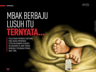 KRIMINAL
MAJALAH DETIK 3 - 9 NOVEMBER 2014
KRIMINAL
ILUSTRASI:EDIWAHYONO
MAJALAH DETIK 3 - 9 NOVEMBER 2014
POLISI MASIH MEMBURU SARTINAH,
YANG DIDUGA MEMBUNUH
PUTRA MAJIKANNYA DI BEKASI.
KELUARGANYA DI JAWA TENGAH
MENGAKUI TERSANGKA PERNAH
SAKIT JIWA.
MBAKBERBAJU
LUSUHITU
TERNYATA...
 
