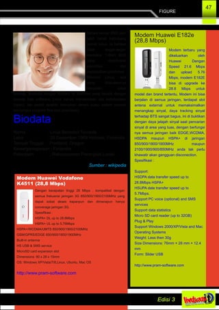 FIGURE
47
bahwa kernel BSD jauh
lebih hebat ketimbang
kernel Linux. Ia bahkan
tidak segan­segan
memakai T­Shirt BSD
yang disodorkan
pemrotes dan
melanjutkan pidatonya.
Menurut Linus, apa
yang dilakukannya
hanyalah untuk
berbagi. Berbeda dengan Richard M Stallman yang fanatik dengan
konsep free software, Linus hanya menekankan sisi keterbukaan
(open), tak peduli apakah kemudian dalam suatu sistem operasi
bercampur program free dan proprietery.
Biodata
Nama : Linus Benedict Torvalds
Lahir : 28 Desember 1969 Helinski, Finlandia
Tempat Tinggal : Pontland, Oregon
Kewarganegaraan : Finlandia
Pekerjaan : Rekayasawan Perangkat Lunak
Sumber : wikipedia
Modem Huawei E182e
(28,8 Mbps)
Modem terbaru yang
dikeluarkan oleh
Huawei Dengan
Speed 21.6 Mbps
dan upload 5.76
Mbps, modem E182E
bisa di upgrade ke
28.8 Mbps untuk
model dan brand tertentu, Modem ini bisa
berjalan di semua jaringan, terdapat slot
antena external untuk memaksimalkan
menangkap sinyal, daya tracking sinyal
terhadap BTS sangat bagus, ini di buktikan
dengan daya jelajah sinyal saat pencarian
sinyal di area yang luas, dengan berfungsi
nya semua jaringan baik EDGE,WCDMA,
HSDPA maupun HSPA+ di jaringan
850/900/1800/1900MHz maupun
2100/1900/900/850MHz anda tak perlu
khawatir akan gangguan disconection.
Spesifikasi :
Support:
HSDPA data transfer speed up to
28.8Mbps HSPA+
HSUPA date transfer speed up to
5.7Mbps.
Support PC voice (optional) and SMS
services
Support data statistics
Micro SD card reader (up to 32GB)
Plug & Play
Support Windows 2000/XP/Vista and Mac
Operating Systems
Weight: Less then 30g
Size Dimensions: 76mm × 28 mm × 12.4
mm
Form: Slider USB
http://www.pram­software.com
Modem Huawei Vodafone
K4511 (28,8 Mbps)
Dengan kecepatan tinggi 28 Mbps , kompatibel dengan
semua frekuensi jaringan 3G 850/900/1900/2100MHz yang
dapat sobat akses kapanpun dan dimanapun hanya
converage jaringan 3G.
Spesifikasi :
HSPA+ DL up to 28.8Mbps
HSPA+ UL up to 5.76Mbps
HSPA+/WCDMA/UMTS 850/900/1900/2100MHz
GSM/GPRS/EDGE 850/900/1800/1900MHz
Built­in antenna
HS USB & SMS service
MicroSD card expansion slot
Dimensions: 90 x 28 x 15mm
OS: Windows XP/Vista/7/8,Linux, Ubuntu, Mac OS
http://www.pram­software.com
 