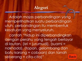 Alegori
Adalah majas perbandingan yang
memperlihatkan suatu perbandingan
utuh, perbandingan itu membentuk
kesatuan yang menyeluruh.
contoh “hidup ini diperbandingkan
dengan perahu yang tengah berlayar
di lautan, (isri = jurumudi), (suami =
nakhoda), (topan, gelombang dan
batu karang = cobaan) dan tanah
Back
seberang = cita-cita)”

 
