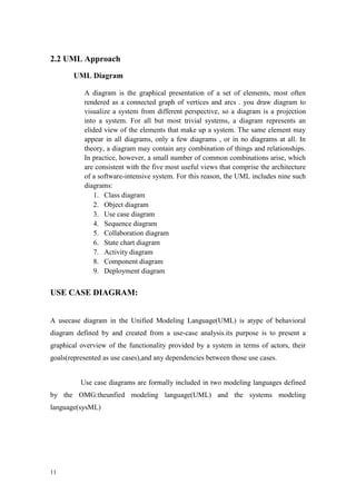 11
2.2 UML Approach
UML Diagram
A diagram is the graphical presentation of a set of elements, most often
rendered as a connected graph of vertices and arcs . you draw diagram to
visualize a system from different perspective, so a diagram is a projection
into a system. For all but most trivial systems, a diagram represents an
elided view of the elements that make up a system. The same element may
appear in all diagrams, only a few diagrams , or in no diagrams at all. In
theory, a diagram may contain any combination of things and relationships.
In practice, however, a small number of common combinations arise, which
are consistent with the five most useful views that comprise the architecture
of a software-intensive system. For this reason, the UML includes nine such
diagrams:
1. Class diagram
2. Object diagram
3. Use case diagram
4. Sequence diagram
5. Collaboration diagram
6. State chart diagram
7. Activity diagram
8. Component diagram
9. Deployment diagram
USE CASE DIAGRAM:
A usecase diagram in the Unified Modeling Language(UML) is atype of behavioral
diagram defined by and created from a use-case analysis.its purpose is to present a
graphical overview of the functionality provided by a system in terms of actors, their
goals(represented as use cases),and any dependencies between those use cases.
Use case diagrams are formally included in two modeling languages defined
by the OMG:theunfied modeling language(UML) and the systems modeling
language(sysML)
 