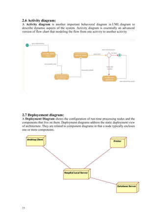15
2.6 Activity diagram:
A Activity diagram is another important behavioral diagram in UML diagram to
describe dynamic aspects of the system. Activity diagram is essentially an advanced
version of flow chart that modeling the flow from one activity to another activity.
2.7 Deployement diagram:
A Deployment Diagram shows the configuration of run-time processing nodes and the
components that live on them. Deployment diagrams address the static deployment view
of architecture. They are related to component diagrams in that a node typically encloses
one or more components.
Hospital Local Server
desktop Client
Printer
Database Server
 