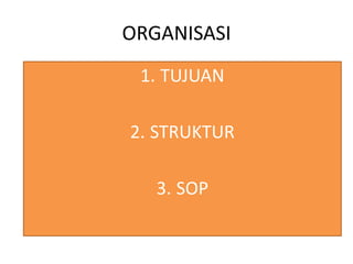 ORGANISASI
1. TUJUAN
2. STRUKTUR
3. SOP
 