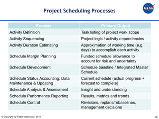 Project Scheduling Processes

                                Process                          Primary Output
       Activity Definition                            Task listing of project work scope
       Activity Sequencing                            Project logic / activity dependencies
       Activity Duration Estimating                   Approximation of working time (e.g.
                                                      days) to accomplish each activity
       Schedule Margin Planning                       Funded schedule allowance to
                                                      account for risk and uncertainty
       Schedule Development                           Schedule baseline / Integrated Master
                                                      Schedule
       Schedule Status Accounting, Data               Current schedule (actual progress +
       Maintenance & Updating                         forecast to complete)
       Schedule Analysis & Assessment                 Insight and understanding
       Schedule Performance Reporting                 Results, metrics and trends
       Schedule Control                               Revisions, replans/rebaselines,
                                                      management decisions

© Copyright by Walter Majerowicz 2010                                                         10
 