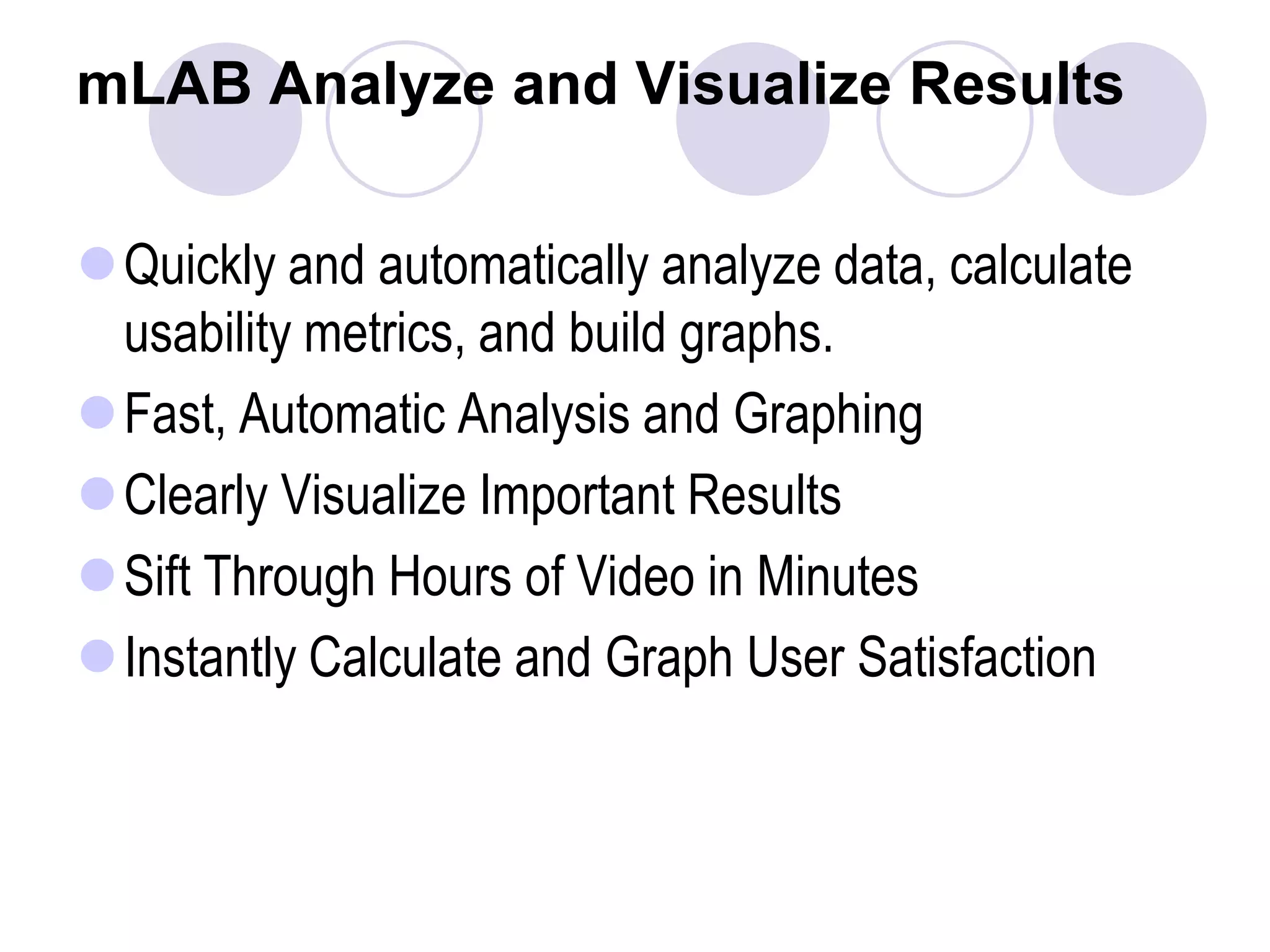 mLAB Analyze and Visualize ResultsQuickly and automatically analyze data, calculate usability metrics, and build graphs.Fast, Automatic Analysis and Graphing Clearly Visualize Important Results Sift Through Hours of Video in Minutes Instantly Calculate and Graph User Satisfaction