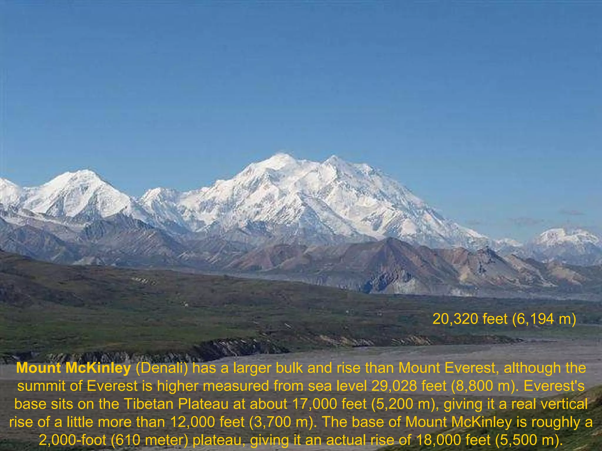 Mount McKinley  (Denali) has a larger bulk and rise than Mount Everest, although the summit of Everest is higher measured from sea level 29,028 feet (8,800 m). Everest's base sits on the Tibetan Plateau at about 17,000 feet (5,200 m), giving it a real vertical rise of a little more than 12,000 feet (3,700 m). The base of Mount McKinley is roughly a 2,000-foot (610 meter) plateau, giving it an actual rise of 18,000 feet (5,500 m). 20,320 feet (6,194 m) 