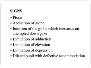 SIGNS
 Ptosis
 Abduction of globe
 Intortion of the globe which increases on
attempted down gaze
 Limitation of adduction
 Limitation of elevation
 Limitation of depression
 Dilated pupil with defective accommodation
 