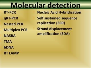 Molecular detection
 RT-PCR
 qRT-PCR
 Nested PCR
 Multiplex PCR
 NASBA
 TMA
 bDNA
 RT LAMP
 Nucleic Acid Hybridization
 Self sustained sequence
replication (3SR)
 Strand displacement
amplification (SDA)
 