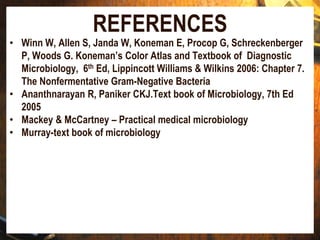 REFERENCES
• Winn W, Allen S, Janda W, Koneman E, Procop G, Schreckenberger
P, Woods G. Koneman’s Color Atlas and Textbook of Diagnostic
Microbiology, 6th Ed, Lippincott Williams & Wilkins 2006: Chapter 7.
The Nonfermentative Gram-Negative Bacteria
• Ananthnarayan R, Paniker CKJ.Text book of Microbiology, 7th Ed
2005
• Mackey & McCartney – Practical medical microbiology
• Murray-text book of microbiology
 