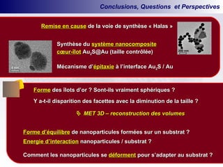 Conclusions, Questions  et Perspectives Remise en cause  de la voie de synthèse « Halas » Synthèse du  système nanocomposite cœur-îlot  Au 2 S@Au (taille contrôlée) Mécanisme d’ épitaxie  à l’interface Au 2 S / Au Forme   des îlots d’or ? Sont-ils vraiment sphériques ? Y a-t-il disparition des facettes avec la diminution de la taille ?    MET 3D – reconstruction des volumes Forme d’équilibre  de nanoparticules formées sur un substrat ? Energie d’interaction  nanoparticules / substrat ? Comment les nanoparticules se  déforment  pour s’adapter au substrat ? 200 nm 5 nm 