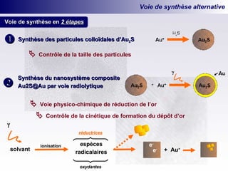 réductrices Voie de synthèse alternative    Contrôle de la taille des particules    Voie physico-chimique de réduction de l’or    Contrôle de la cinétique de formation du dépôt d’or solvant oxydantes réductrices espèces radicalaires ionisation +  Au + Voie de synthèse en  2 étapes  Synthèse des particules colloïdales d’Au 2 S  Synthèse du nanosystème composite Au2S@Au par voie radiolytique    e - e - 