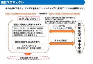 進化プロジェクト
中小企業の「進化」にアイデアを提供（コンサルティング）、実現プロジェクトを構築します。
http://taizotamakoshi.jp/nep.html Facebook https://www.facebook.com/newep
進化プロジェクト
社内外人員による
実施プロジェクトの構築と運営
進
化
を
望
む
中
小
企
業
プロジェクトメンバー：事業者、教育事
業者/講師、教育関連業者、ビジネス
書著者、経営コンサルタント・税理士、
金融関係者、文化事業者ほか
企業連携・外部資金
進化するための決断・アイデア
進化を実現するための実行
プロジェクト型
コンサルティング契約
業務支援契約
進化とは、生物の形質が世代を経る中で変化してい
く現象のことである。（Wikipedia）
企業の進化とは、変革を恐れない魂を培い、自己変
革し、生存し続けることである。（進化プロジェクト）
 